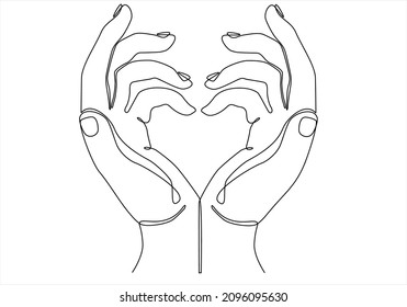 Una sola línea dibujando manos haciendo signos o símbolos de corazón por dedos. Hermosas manos con espacio para copiar. Concepto de amor con gestos de mano. Ilustración de líneas continuas moderna de diseño gráfico vectorial