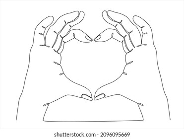 Single one line drawing hands making sign or symbol heart by fingers. Beautiful hands with copy space. Love concept with hand gestures. Modern continuous line draw design graphic vector illustration
