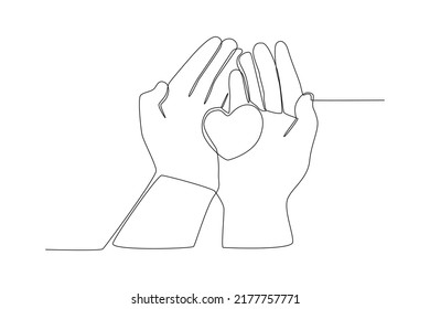 Single one line drawing Hands give heart for love  World charity day concept  Continuous line draw design graphic vector illustration 