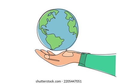 Single one line drawing of hands hold round earth. Globe icon silhouette for world protect concept. Infographics, business presentation isolated on white background. Design vector graphic illustration