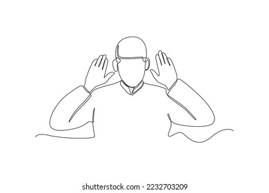 Single one line drawing hands doing Takbiratul ikhram. Prayer movement concept for muslims. Continuous line draw design graphic vector illustration.