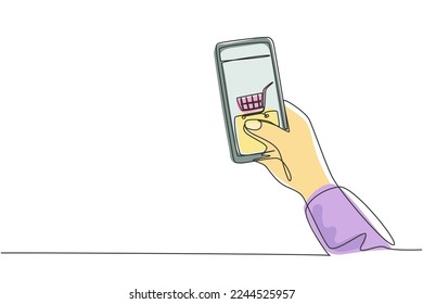 Single one line drawing hands holding smartphone with shopping cart image and touching screen. Digital lifestyle, internet and gadgets concept. Continuous line draw design graphic vector illustration
