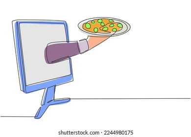 Single one line drawing Hands out of monitor screen with tray open to serve pizza. Order food digitally. Online delivery service concept. Modern continuous line draw design graphic vector illustration