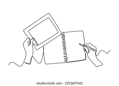 Single one line drawing hands holding pen writing letter on paper, filling diary and planners. Event planner concept. Continuous line draw design graphic vector illustration.