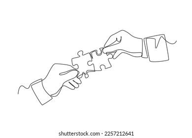 Single one line drawing Hands connecting jigsaw puzzle  Human relation Concept  Continuous line draw design graphic vector illustration 