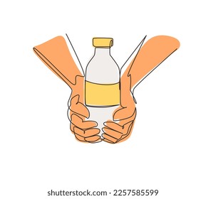 Single one line drawing hands hold glass bottles of plant based lactose free milk, has healthy nutrition. Non dairy alternative beverage. Modern continuous line draw design graphic vector illustration