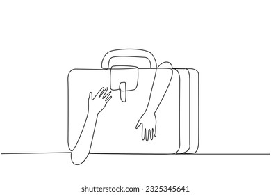 Single one line drawing of hands hugging briefcase. A journey that is needed to find experience so that the business being run can generate a lot of profit. Continuous line design graphic illustration