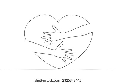 Single one line drawing of hands hugging big red heart. Hands holding heart. Symbol of charity. Generosity illustration. Care for others. Sharing concept. Continuous line design graphic illustration