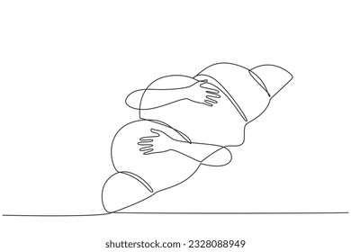 Single one line drawing of hands hugging croissant. Food in the form of soft bread in the shape of a crescent moon. This snack is synonymous with France. Continuous line design graphic illustration