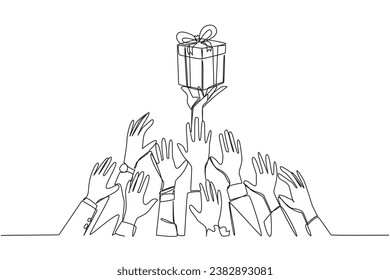 Single one line drawing hands fighting over the gift box. Win attractive prizes. Enjoyable business trip. Continue to be lucky. Entrepreneur welfare. Continuous line design graphic illustration