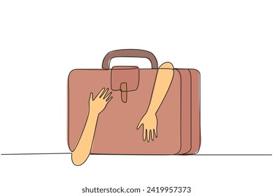 Single one line drawing of hands hugging briefcase. A journey that is needed to find experience so that the business being run can generate a lot of profit. Continuous line design graphic illustration