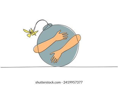 Dibujo de una sola línea de manos abrazando una gran bomba con un fusible en llamas. Un negocio peligroso de llevar a cabo sin una buena gestión del tiempo. Negocios a punto de la fecha límite. Ilustración gráfica de línea continua