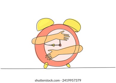 Single one line drawing of hands hugging alarm clock. Business decisions taken will determine every hour. Wrong in taking steps then business failure will be accepted. Continuous line design graphic