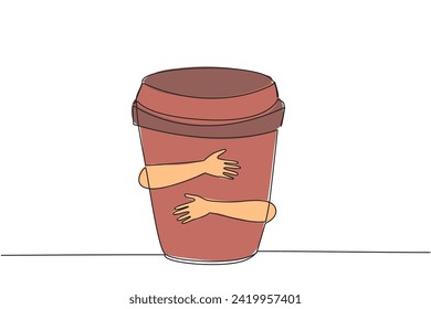 Single one line drawing of hands hugging paper cup coffee. A cup of coffee to accompany work. Coffee can help concentration, reduce the risk of depression. Continuous line design graphic illustration