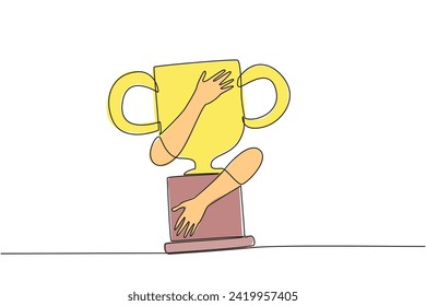 Single one line drawing of hands hugging trophy. Grasp the victory after a long struggle in running a new startup business. Smart business concept to develop company during pandemic. Continuous line