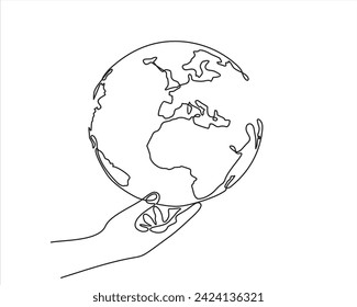 Single one line drawing of hands hold round earth. Globe icon silhouette for world protect concept. Infographics, business presentation isolated on white background. Design vector graphic illustration