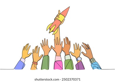 Single one line drawing hands fighting over small rocket. Metaphor for sharing profits through opening new business. Fighting for position. Doing anything. Continuous line design graphic illustration