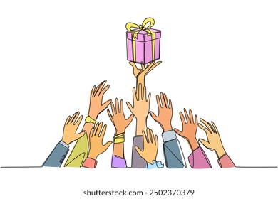 Single one line drawing hands fighting over the gift box. Win attractive prizes. Enjoyable business trip. Continue to be lucky. Entrepreneur welfare. Continuous line design graphic illustration