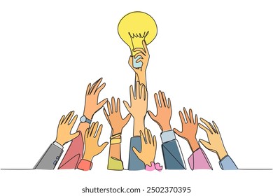 Single one line drawing hands fighting for the lightbulb. Fighting over references. Create a business idea that generates lots of profits. Lots of profits. Continuous line design graphic illustration