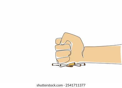 Single one line drawing hands clenched and piled up scattered cigarette fragments. Promise and firmly resolve not to smoke again. Stop the useless things. Continuous line design graphic illustration