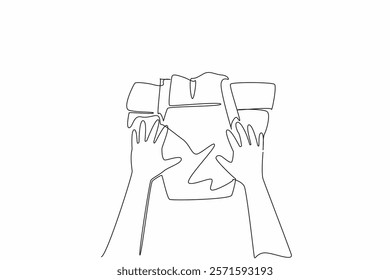 Single one line drawing hands of baby holding the diaper with both hands. Diaper pants. Easier to remove and put on. Hygiene. Kids In Need Of Diapers Day. Continuous line design graphic illustration