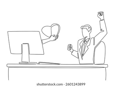 Single one line drawing hands out of the monitor screen while holding a love. The joy of online dating. Get the expected heart. Romance. Things from Screen. Continuous line design graphic illustration