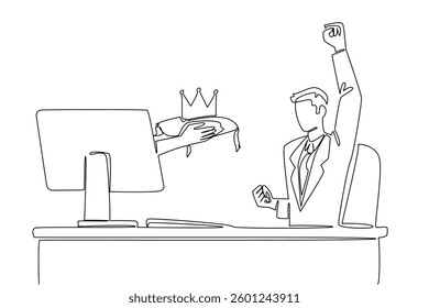 Single one line drawing hands out of the monitor screen while holding crown. Sign of success. Most prestigious award in business world. Things from Screen. Continuous line design graphic illustration