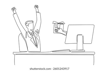 Single one line drawing hands out of the monitor screen while holding a gift box. Raise the hands and shout. The joy of getting a gift. Things from Screen. Continuous line design graphic illustration
