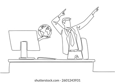 Single one line drawing hands out of monitor screen while holding a globe. Great new connection for business. Profitable relationship. Things from Screen. Continuous line design graphic illustration
