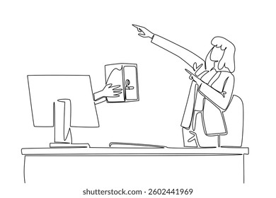 Single one line drawing hands out of the monitor screen while holding a safe deposit box. The safest place to store all the successes. Things from Screen. Continuous line design graphic illustration