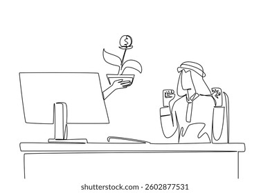 Single one line drawing hands out of the monitor screen while holding money tree with a coin dollar. Capital that has seen the results. Things from Screen. Continuous line design graphic illustration