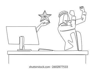 Single one line drawing hands out of the monitor screen while holding a star shape. Real joy at such a good support. Best rating. Rank. Things from Screen. Continuous line design graphic illustration