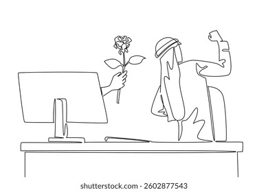 Single one line drawing hands out of the monitor screen while holding a rose flower. Happy to get the expected symbol of love. Romance. Things from Screen. Continuous line design graphic illustration