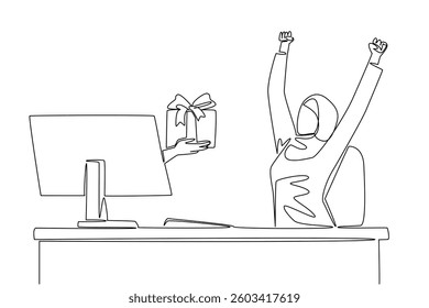 Single one line drawing hands out of the monitor screen while holding a gift box. The feeling of enthusiasm for receiving a surprise. Things from Screen. Continuous line design graphic illustration