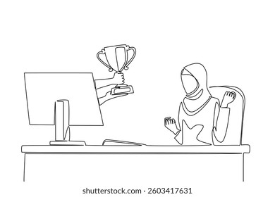 Single one line drawing hands out of the monitor screen while holding a trophy. True winners get recognition. Feeling of enthusiasm. Things from Screen. Continuous line design graphic illustration
