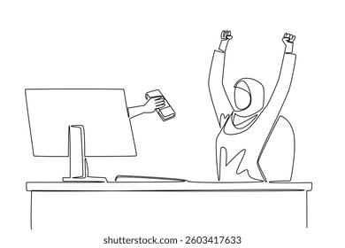 Single one line drawing hands out of the monitor screen while holding a stack of banknotes. Fast return on investment. Focus on profit. Things from Screen. Continuous line design graphic illustration