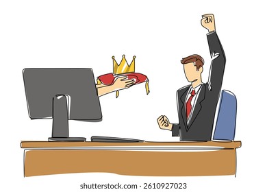 Single one line drawing hands out of the monitor screen while holding crown. Sign of success. Most prestigious award in business world. Things from Screen. Continuous line design graphic illustration