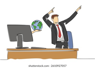 Single one line drawing hands out of monitor screen while holding a globe. Great new connection for business. Profitable relationship. Things from Screen. Continuous line design graphic illustration