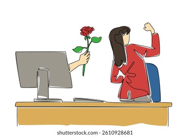 Single one line drawing hands out of the monitor screen while holding a rose flower. Date on Friday night after work. Youthful romance. Things from Screen. Continuous line design graphic illustration
