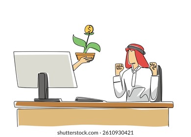 Single one line drawing hands out of the monitor screen while holding money tree with a coin dollar. Capital that has seen the results. Things from Screen. Continuous line design graphic illustration