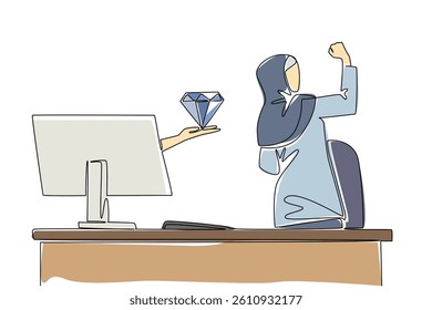 Single one line drawing hands out of the monitor screen while holding a diamond. A luxurious surprise resulting from hard work. Happy. Things from Screen. Continuous line design graphic illustration