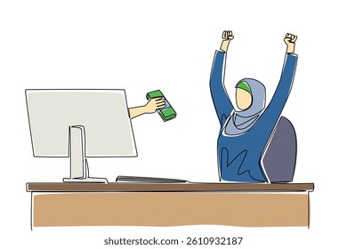 Single one line drawing hands out of the monitor screen while holding a stack of banknotes. Fast return on investment. Focus on profit. Things from Screen. Continuous line design graphic illustration