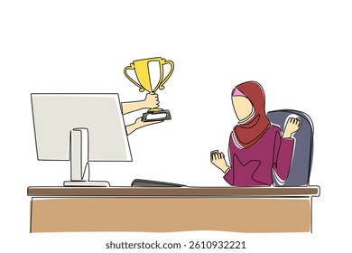 Single one line drawing hands out of the monitor screen while holding a trophy. True winners get recognition. Feeling of enthusiasm. Things from Screen. Continuous line design graphic illustration