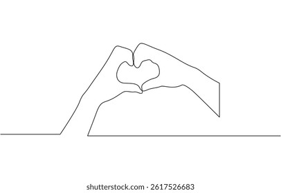Single one line drawing hands making sign or symbol heart by fingers, Love concept with hand gestures. Modern continuous line draw design graphic vector illustration.
