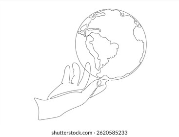 Single one line drawing of hands hold round earth. Globe icon silhouette for world protect concept. Infographics, business presentation. Editable stroke. 