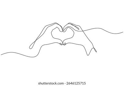 Single one line drawing hands making sign or symbol heart by fingers, Minimalist silhouette Hand Drawn Line Illustrations of Hands Forming Heart Shapes. Editable outline