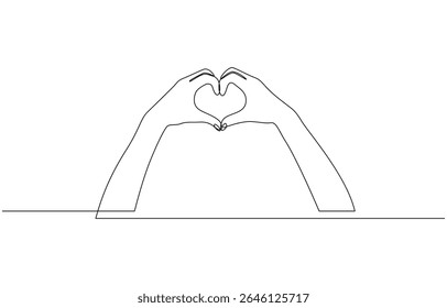 Single one line drawing hands making sign or symbol heart by fingers, Minimalist silhouette Hand Drawn Line Illustrations of Hands Forming Heart Shapes. Editable outline