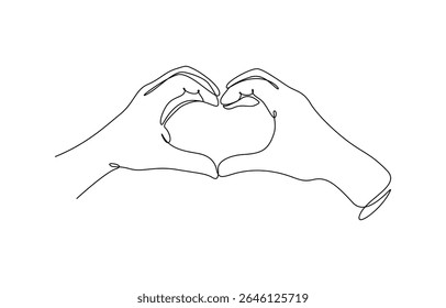 Single one line drawing hands making sign or symbol heart by fingers, Minimalist silhouette Hand Drawn Line Illustrations of Hands Forming Heart Shapes. Editable outline