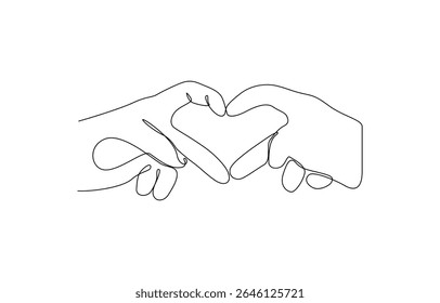 Single one line drawing hands making sign or symbol heart by fingers, Minimalist silhouette Hand Drawn Line Illustrations of Hands Forming Heart Shapes. Editable outline