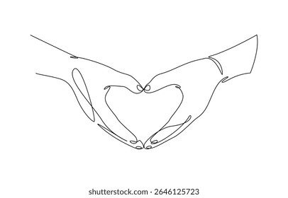 Single one line drawing hands making sign or symbol heart by fingers, Minimalist silhouette Hand Drawn Line Illustrations of Hands Forming Heart Shapes. Editable outline